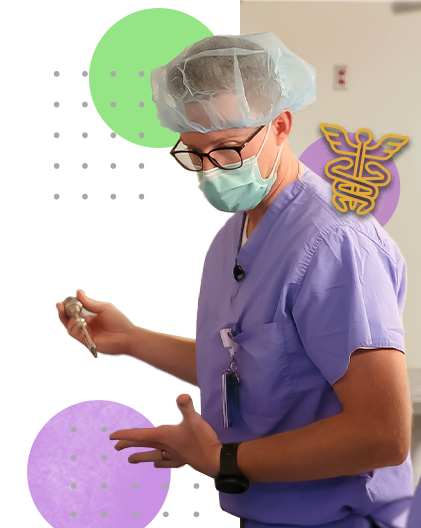 A nurse preps their station while wearing scrubs and a surgical mask.
