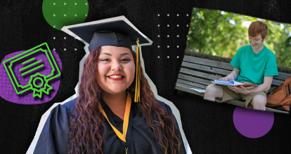 Collage featuring a smiling college student wearing a graduation cap