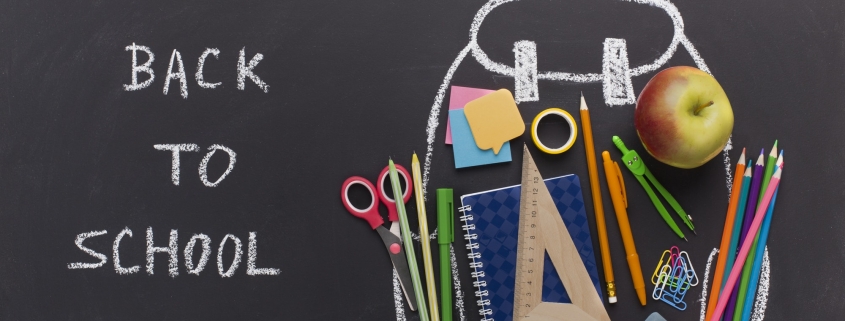Chalk Backpack with stationery on blackboard background