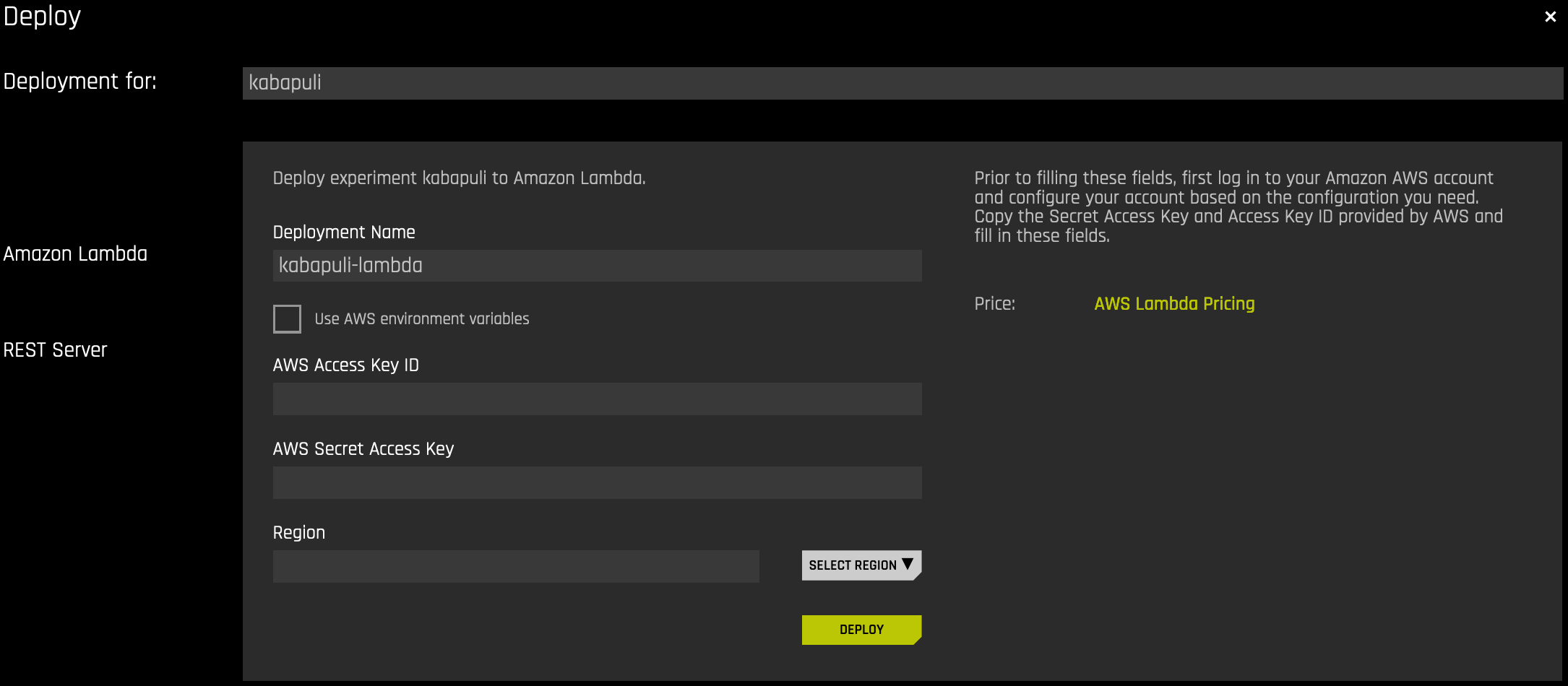 AWS Lambda Deployment Dialog