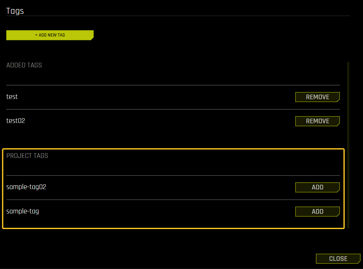 Project tags section in the Tags panel