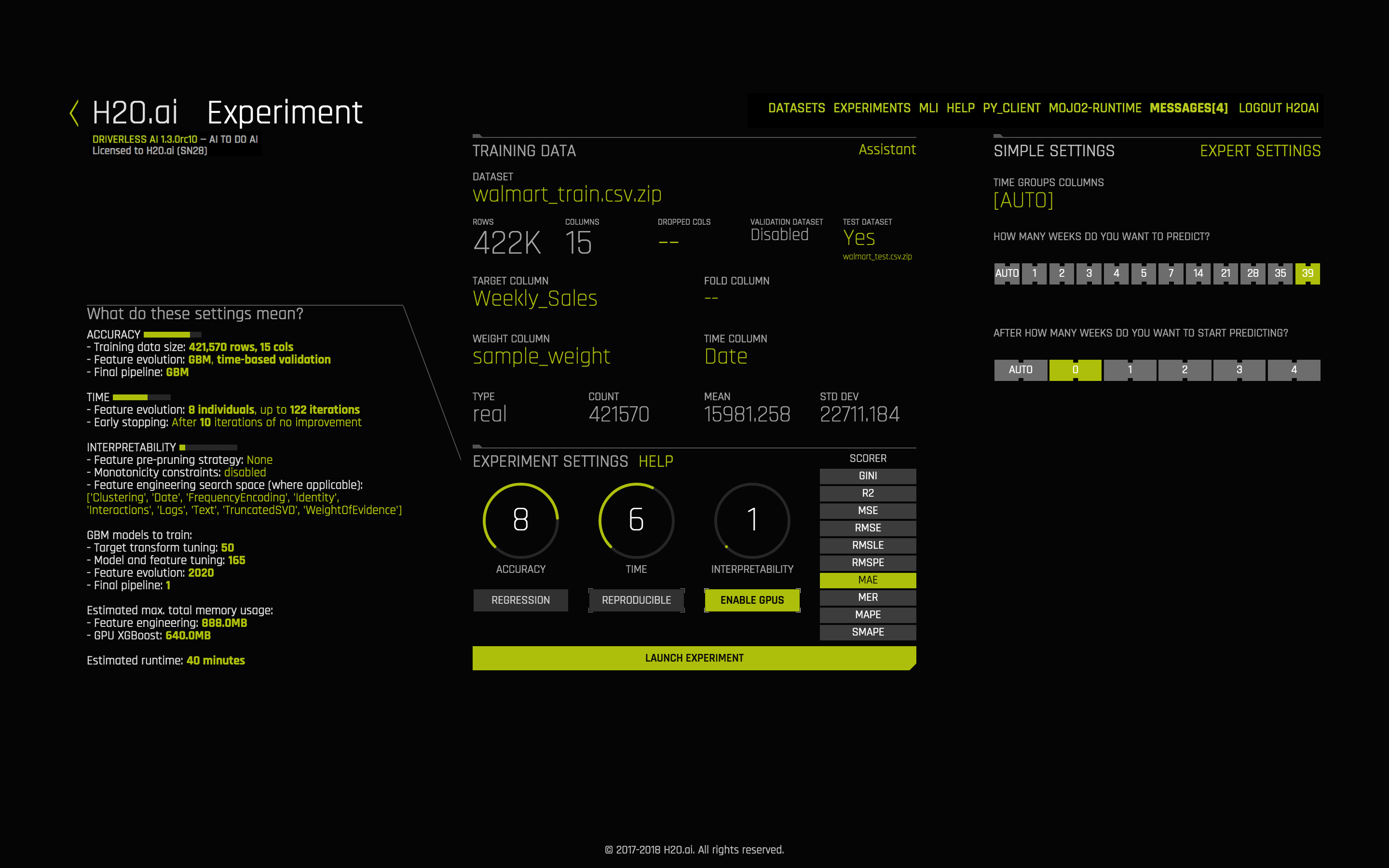 Time series experiment settings