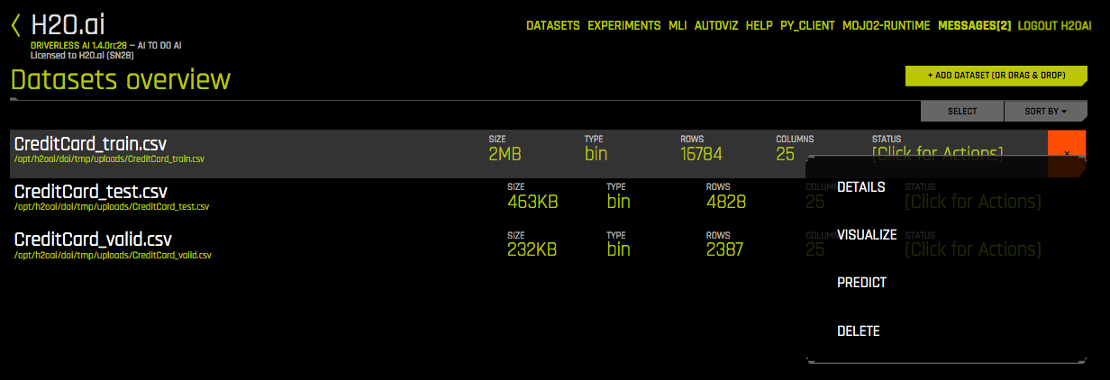 Datasets page