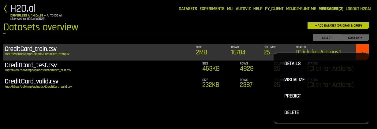 Datasets page