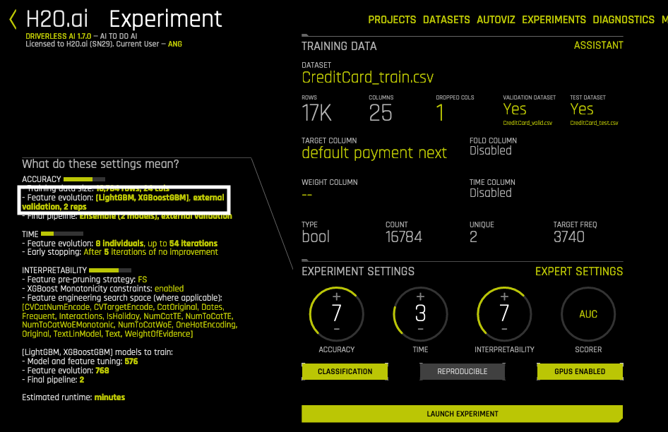 Default experiment settings.