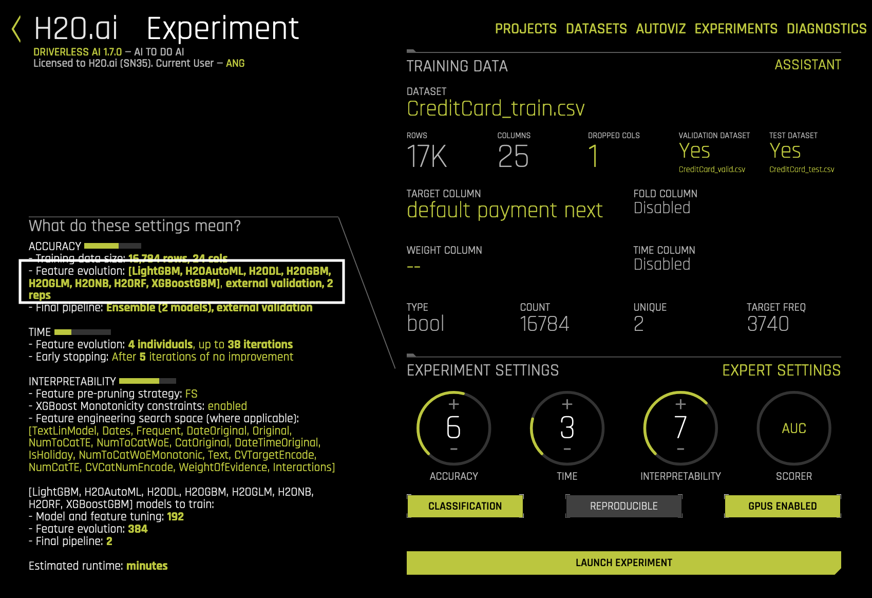 Custom experiment settings