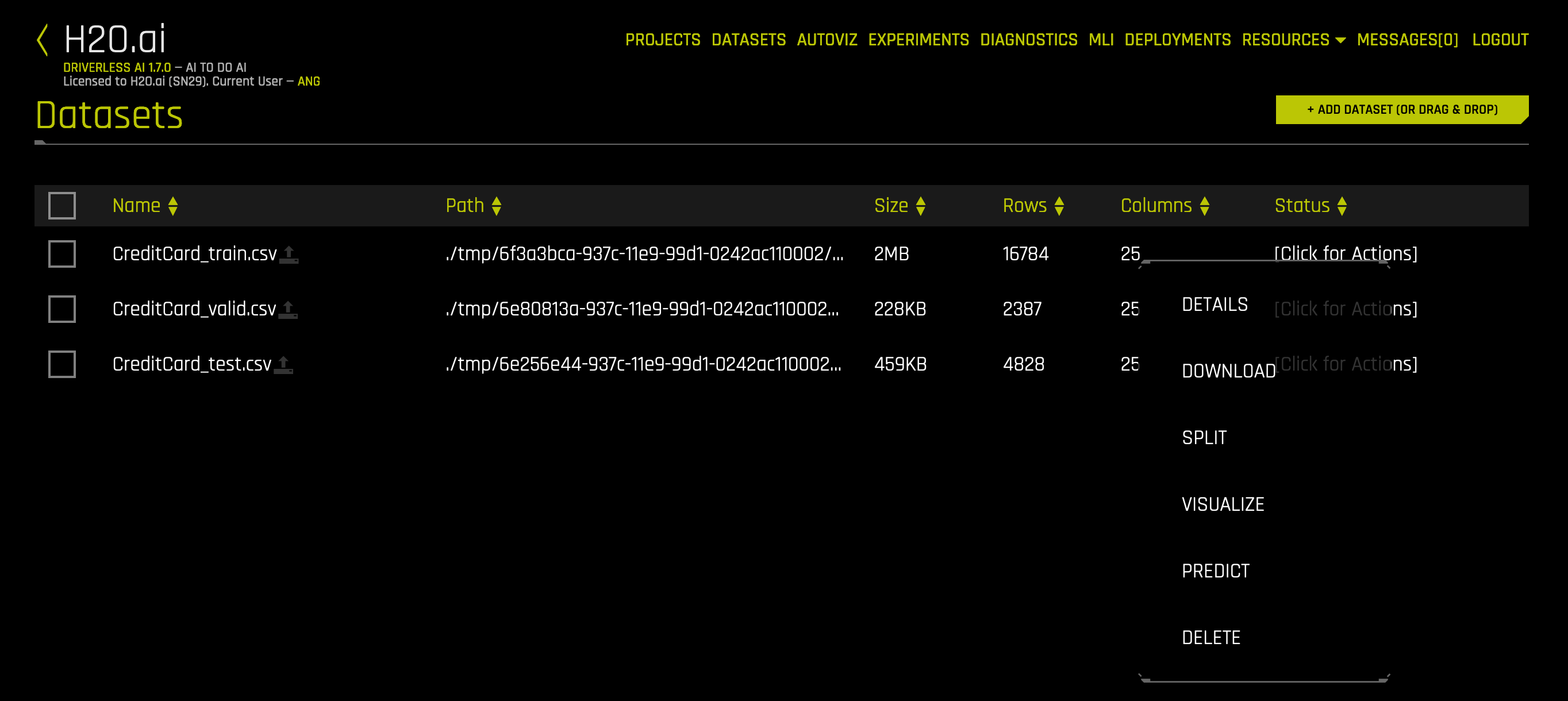 Datasets page