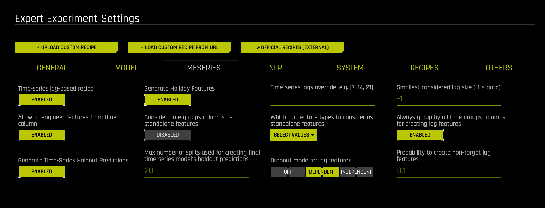 Time series option from within Expert Settings