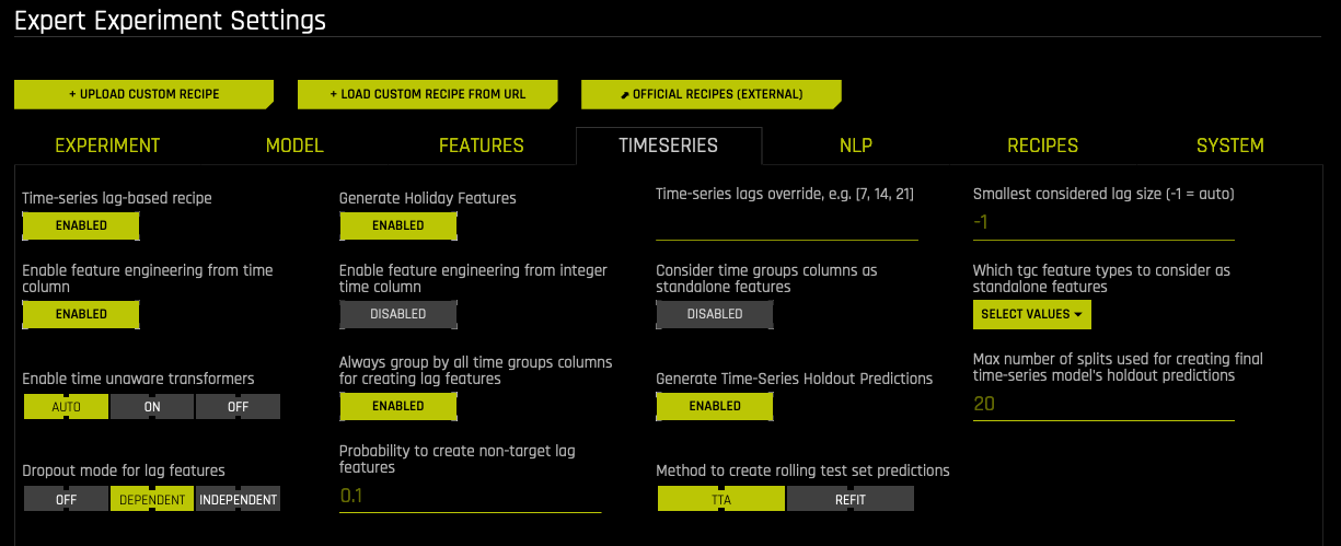 Time series option from within Expert Settings