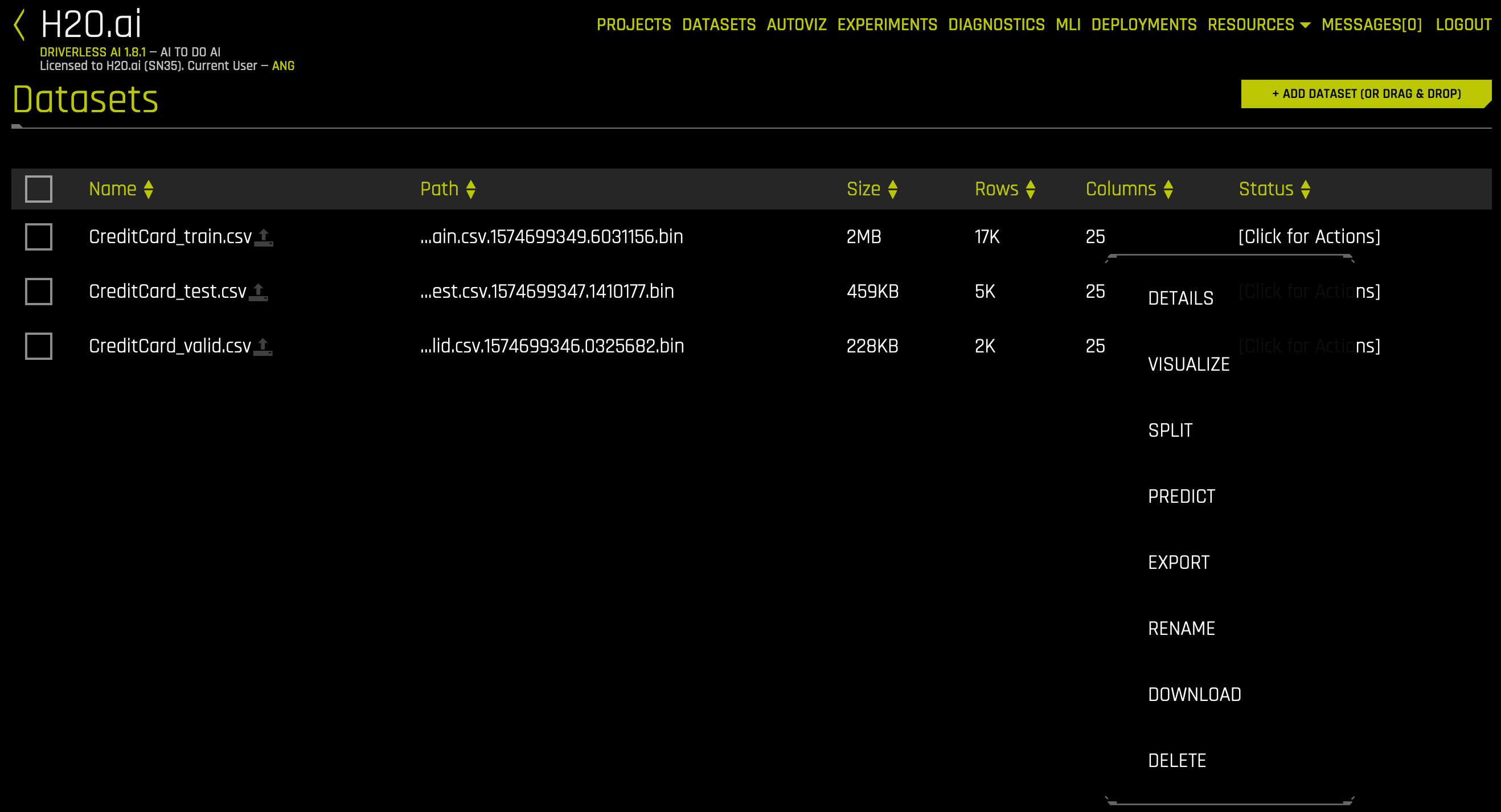 Datasets page