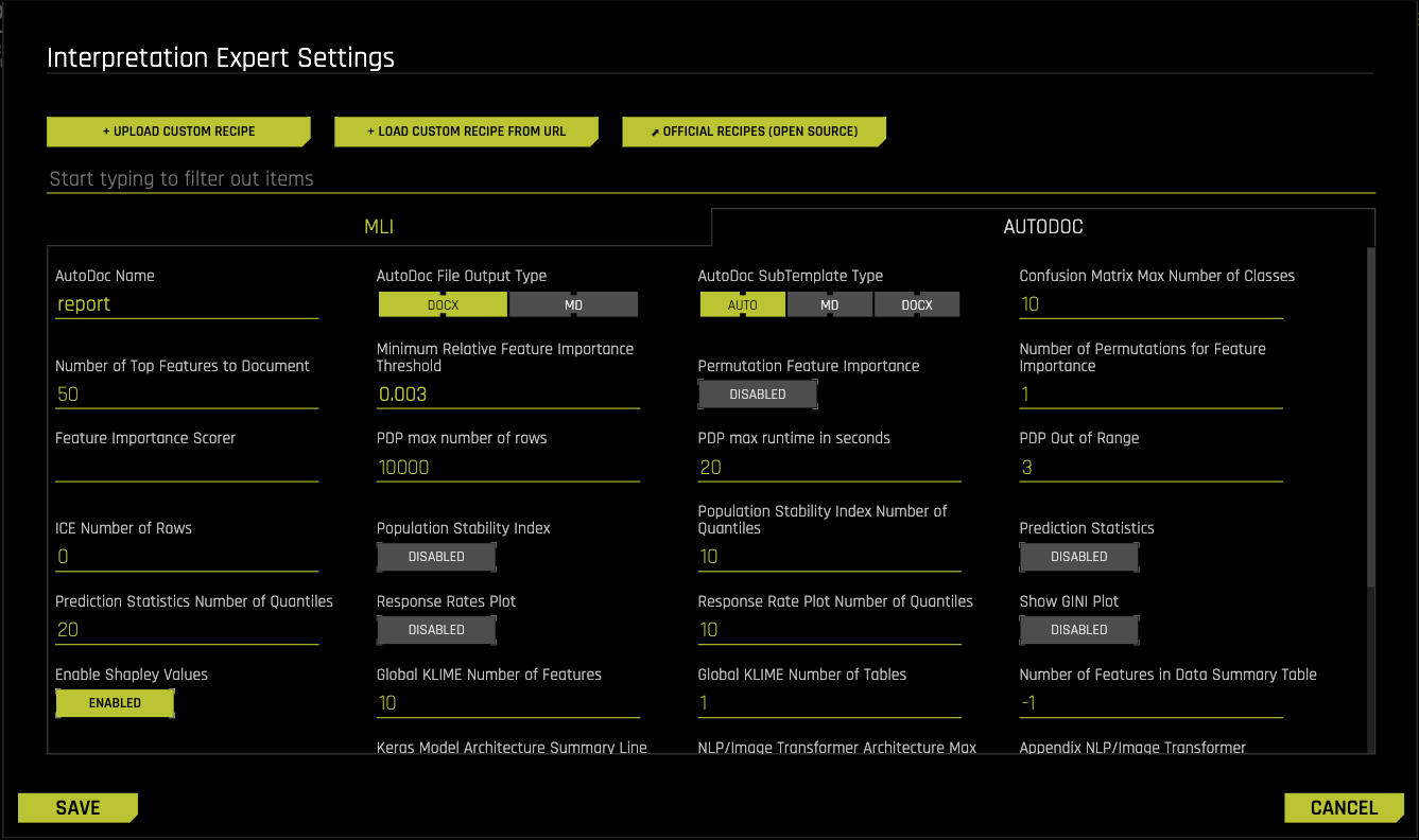 MLI expert settings