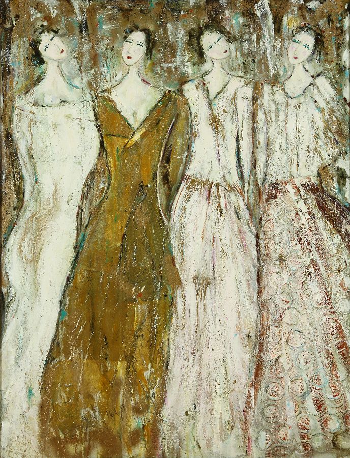 Painting of four women in white and gold gowns by Holly Markhoff