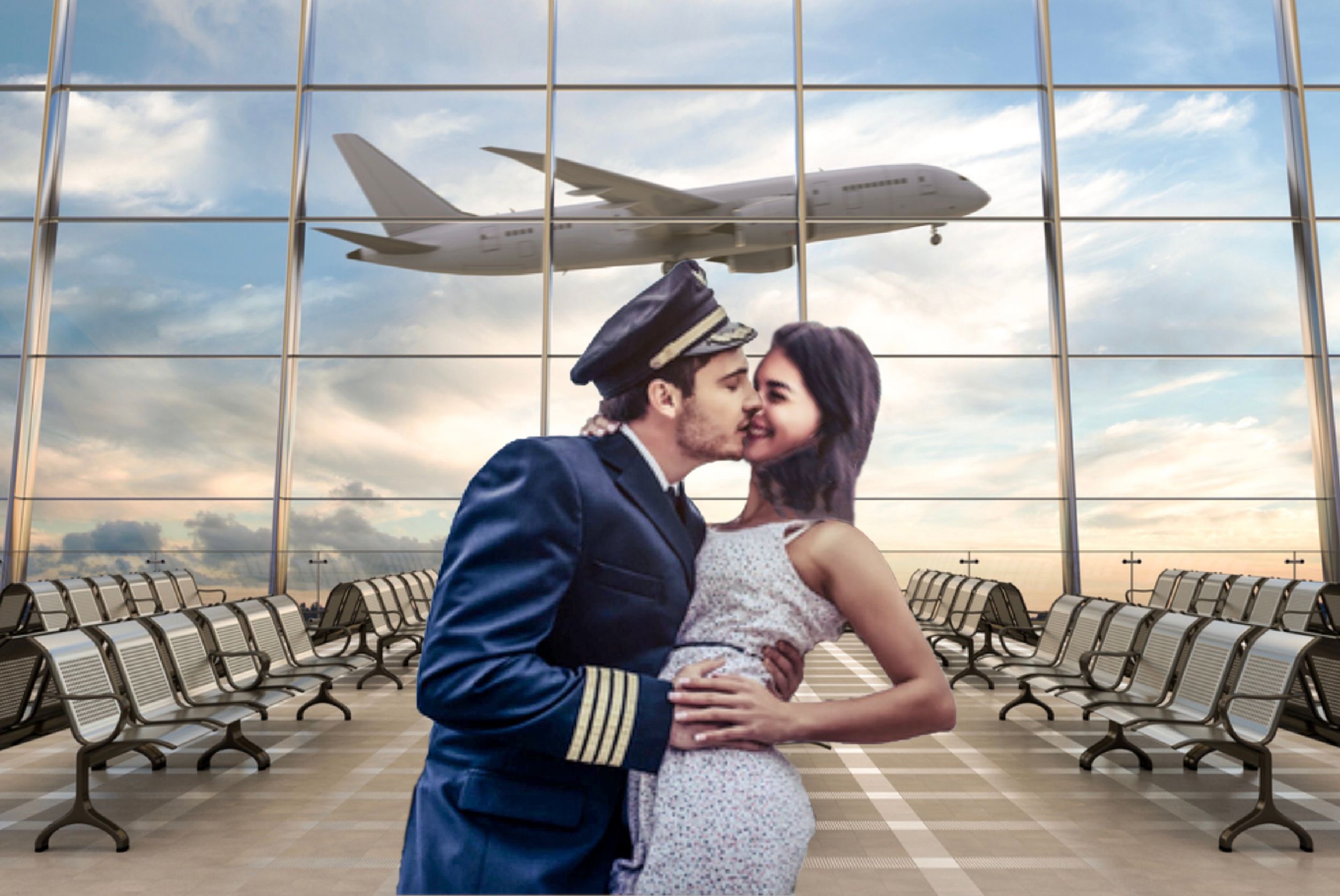 Pilot kissing girlfriend, New York, January 15, 2022, the end of Covid-19 pandemic.