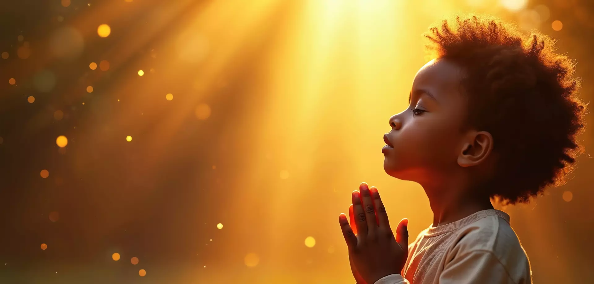 Young child praying while bathed in golden light