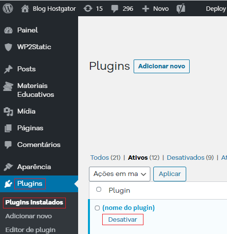 Desativação de plugins no WordPress