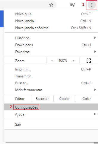 Menu configurações Google Chrome