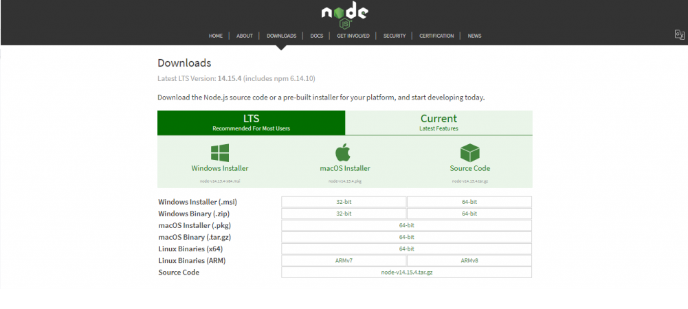 Print de tela do site Node.js.