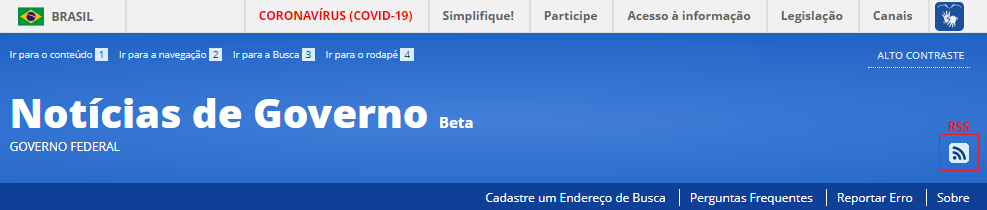 Notícias de Governo com o ícone da ferramenta RSS