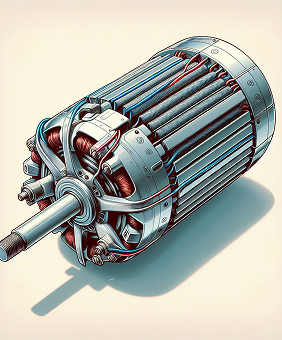 Ilustração técnica em estilo corte esquemático de um motor elétrico Brushless (sem escovas). A imagem detalha os enrolamentos de cobre internos, o eixo central metálico e a estrutura de ímãs, destacando a engenharia de alta eficiência das ferramentas Tram