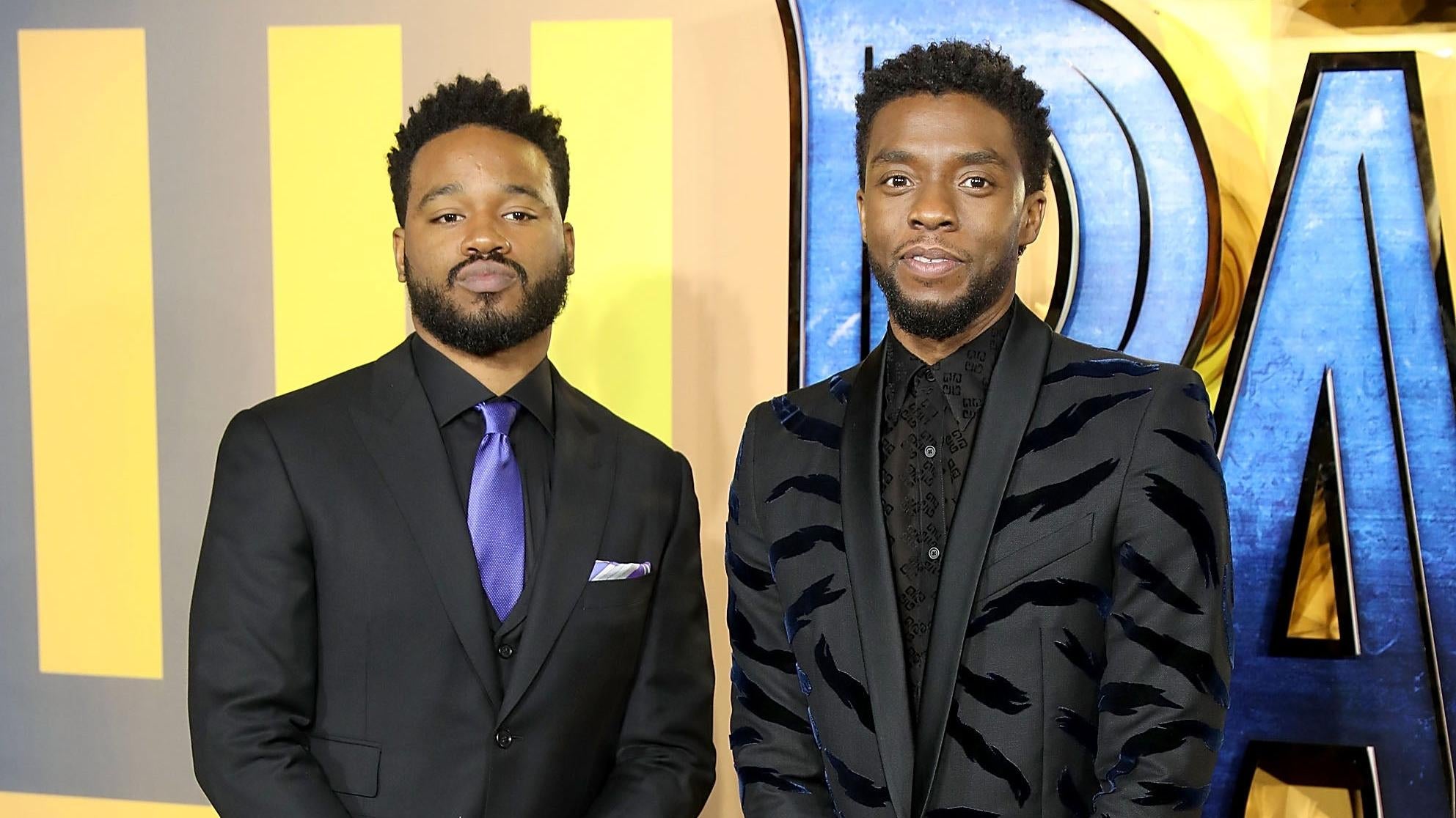 Ryan Coogler (L) and Chadwick Boseman attend the European Premiere of ‘Black Panther’ at Eventim Apollo on February 8, 2018 in London, England. Photo: Getty Images Tim P. Whitby/Tim P. Whitby