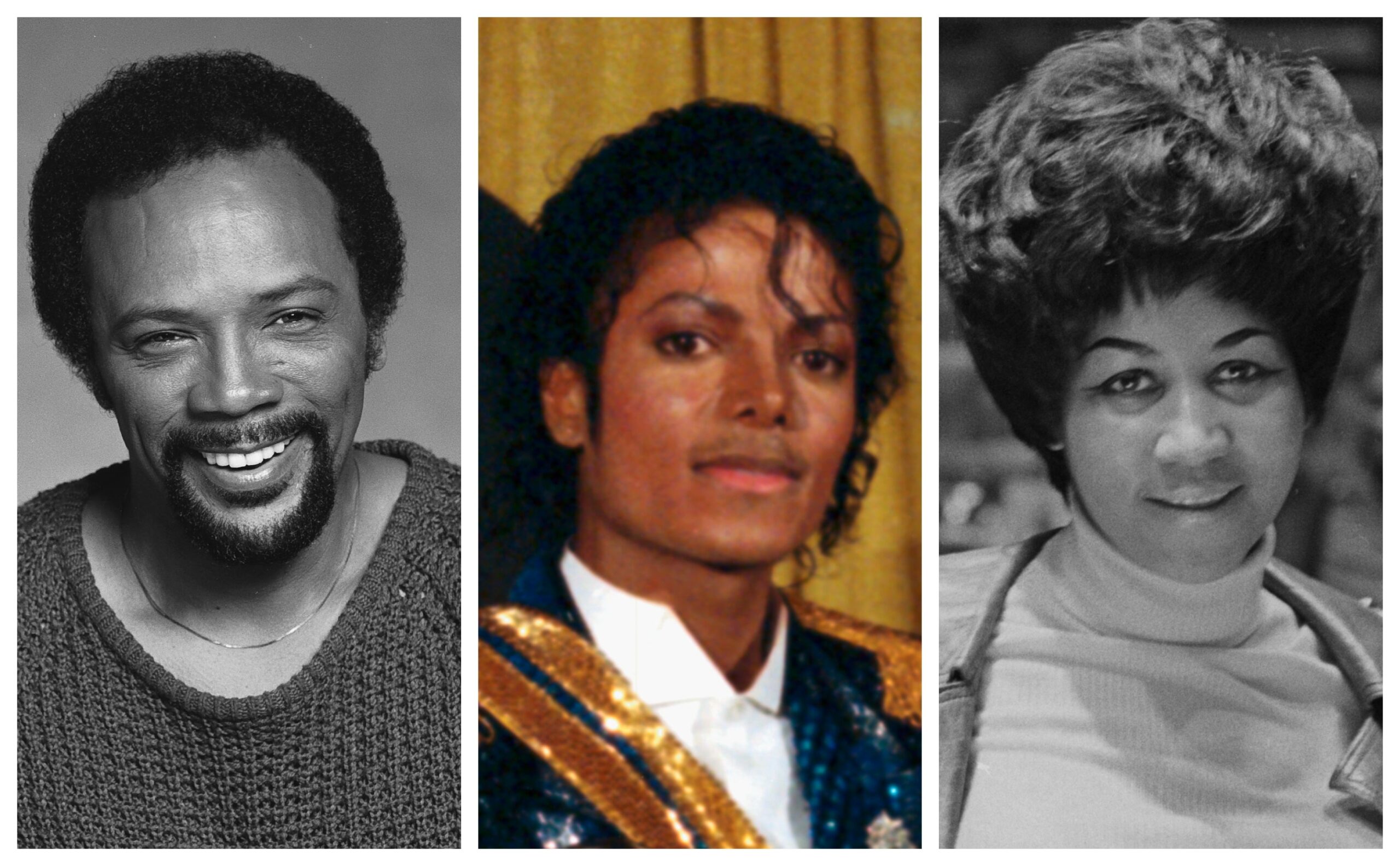 Quincy Jones, left; Michael Jackson, and Aretha Franklin. Photo: Getty Images Bobby Holland/Michael Ochs Archives; Bettmann; Express Newspapers