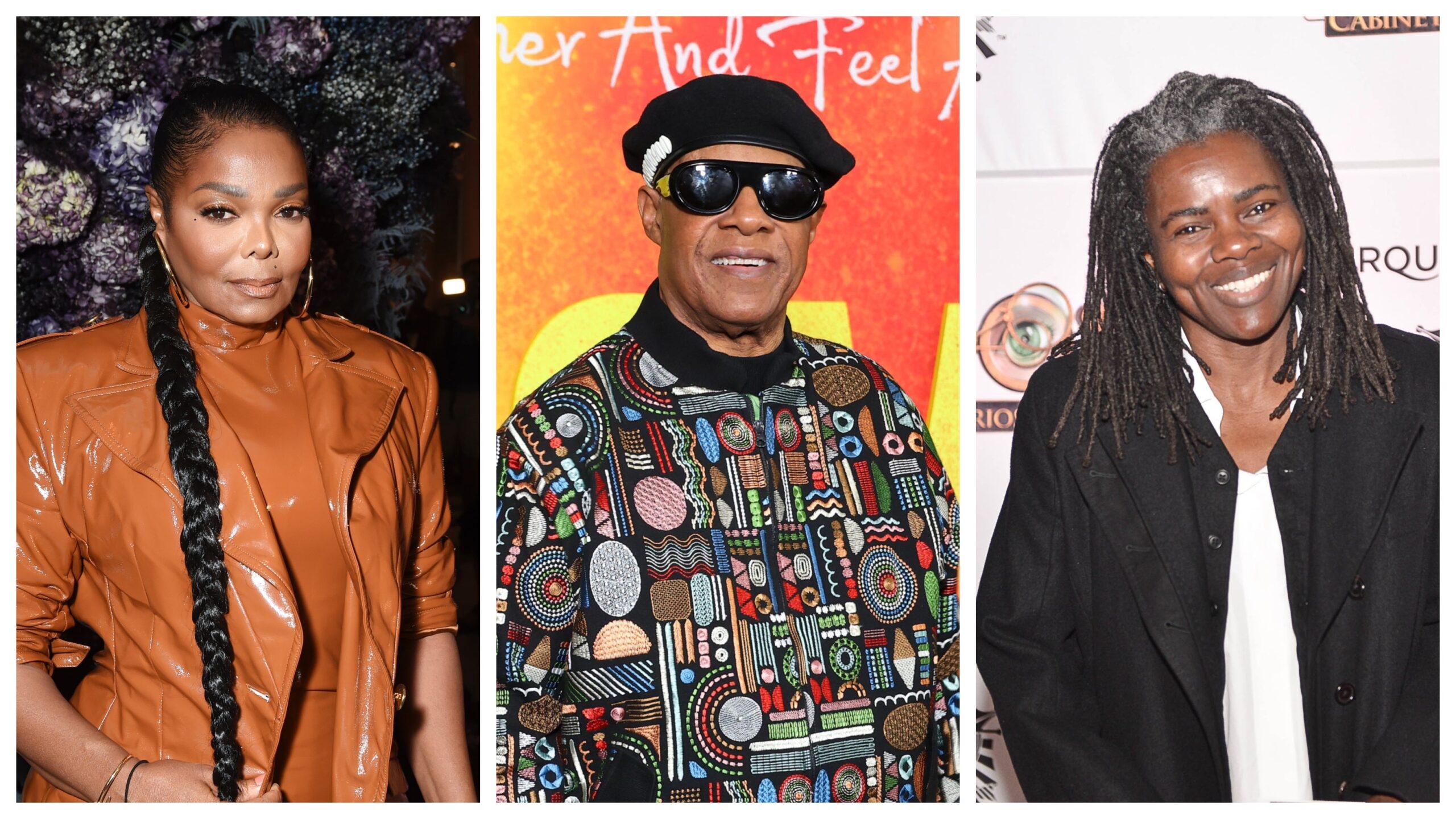 Janet Jackson, left; Stevie Wonder, and Tracy Chapman. Photo: Getty Images Gilbert Flores/WWD; Leon Bennett; Trisha Leeper/WireImage