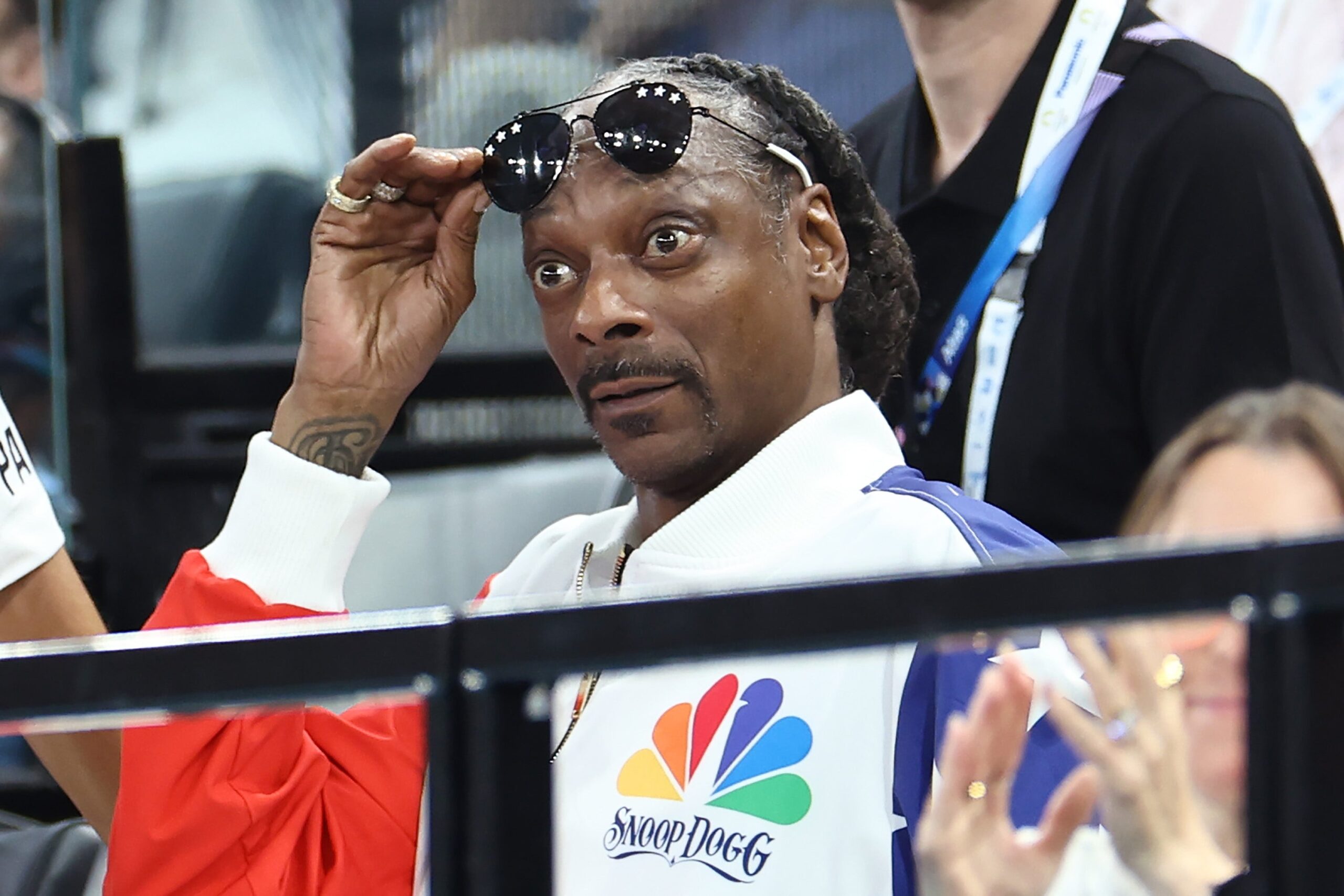 PARIS, FRANCE - JULY 28: Snoop Dogg (R) attends the Artistic Gymnastics Women’s Qualification on day two of the Olympic Games Paris 2024 at Bercy Arena on July 28, 2024 in Paris, France. Photo: Getty Images Arturo Holmes