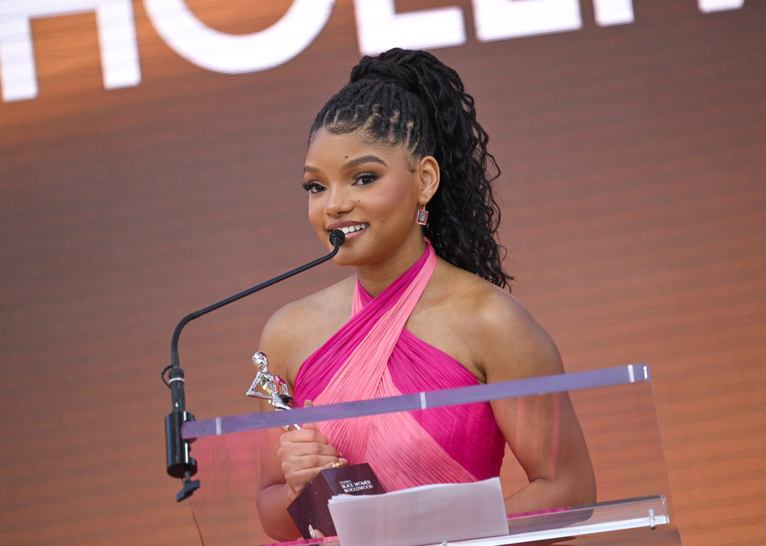 Halle Bailey speaks onstage during the 2024 ESSENCE Black Women In Hollywood Awards Ceremony at Academy Museum of Motion Pictures on March 07, 2024 in Los Angeles, California. Photo: Getty Images Paras Griffin for ESSENCE