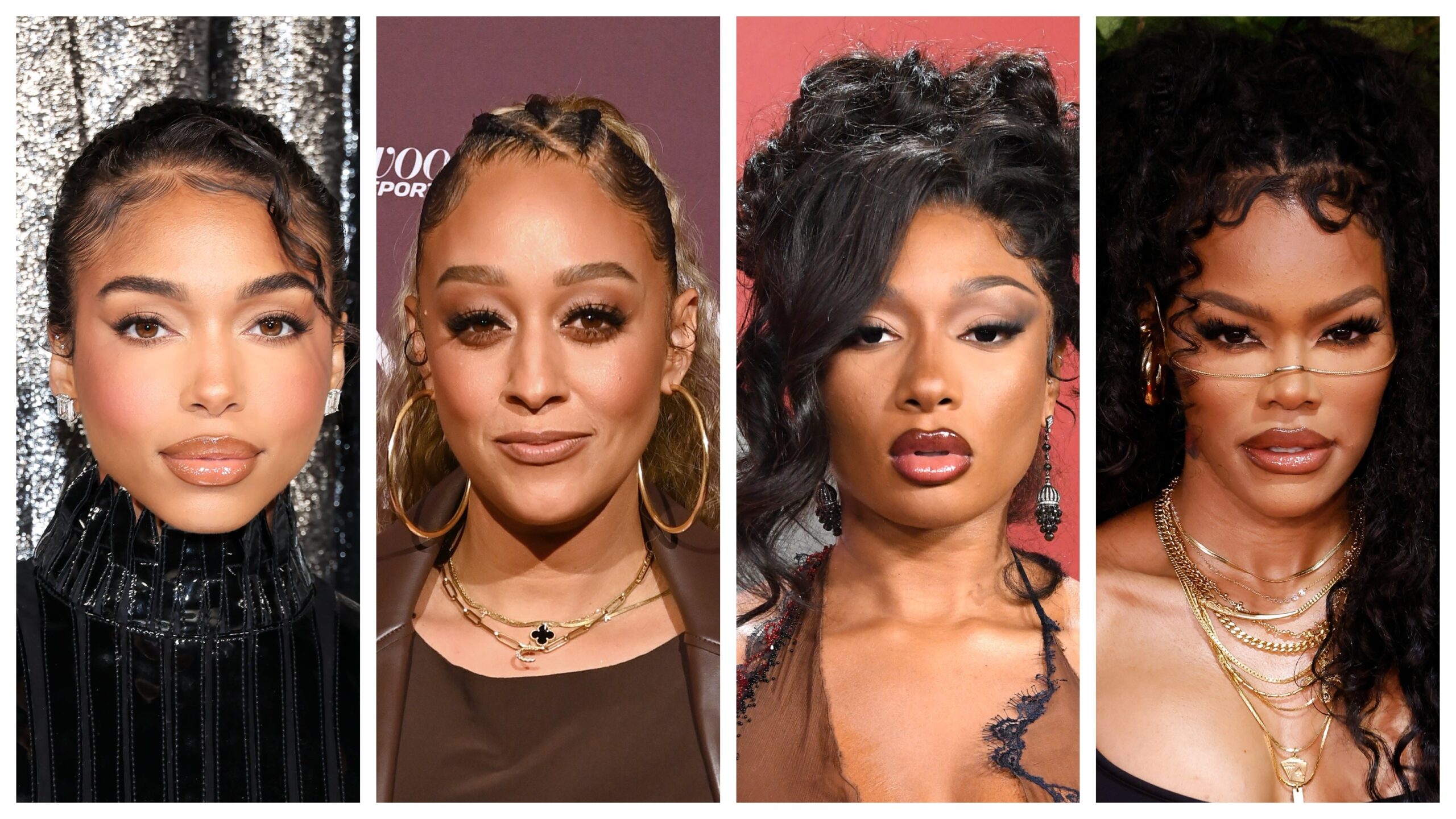 Lori Harvey, left; Tia Mowry, Megan Thee Stallion, and Teyana Taylor. Photo: Getty Images Amy Sussman/WireImage for Parkwood; Araya Doheny/FilmMagic; Steve Granitz/FilmMagic; Taylor Hill/FilmMagic
