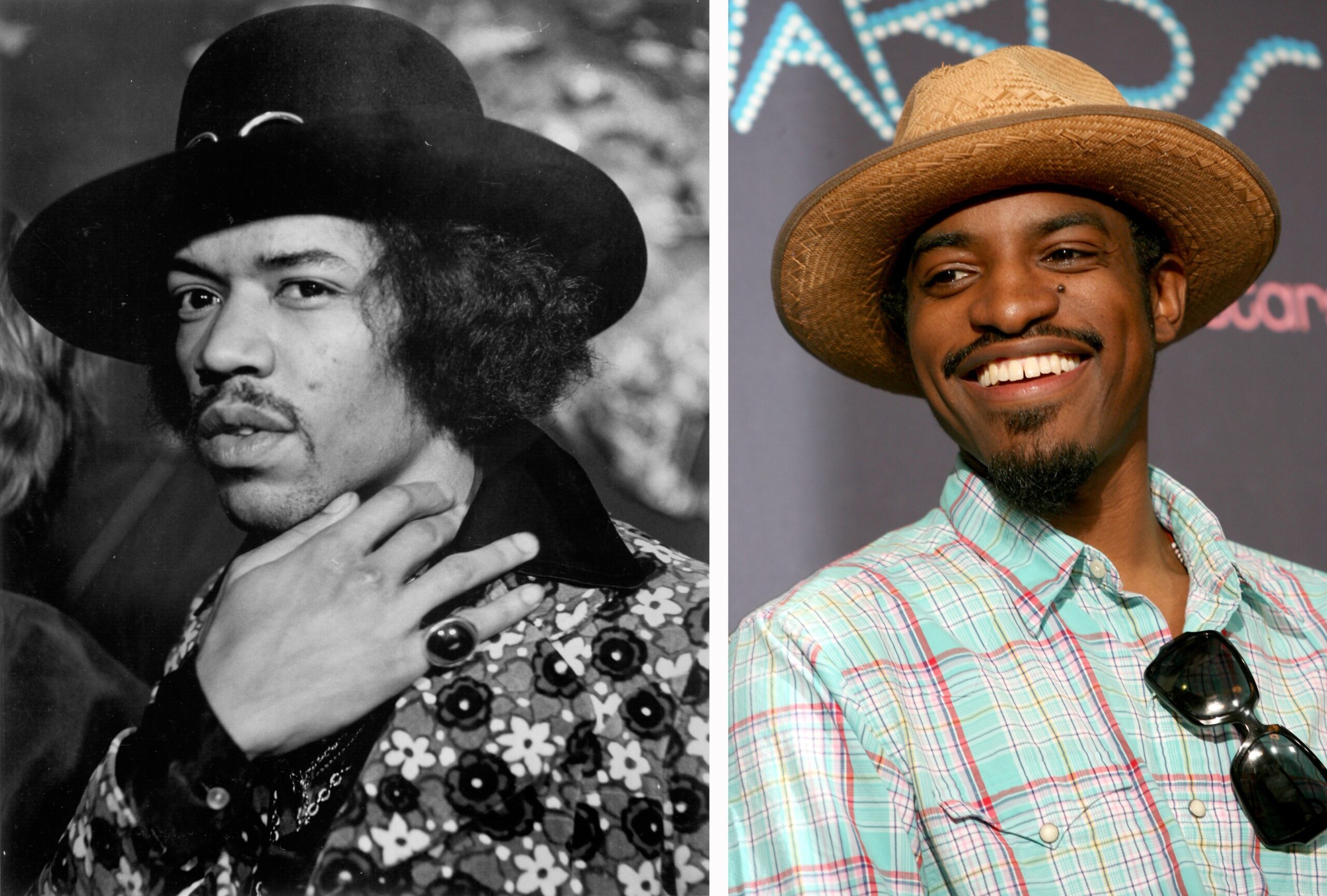 Jimi Hendrix (L) and Hip-hop star Andre 3000 (R). Andre 3000 ***LEFT IMAGE*** circa1970: Jimi Hendrix poses in 1970. (Photo by Michael Ochs Archives/Getty Images) ***RIGHT IMAGE*** LOS ANGELES, CA - JUNE 27: Singer Andre “Andre 3000" Benjamin of Outkast poses in the press room at the 2006 BET Awards at the Shrine Auditorium on June 27, 2006 in Los Angeles, California. (Frederick M. Brown) Photo: Getty Images