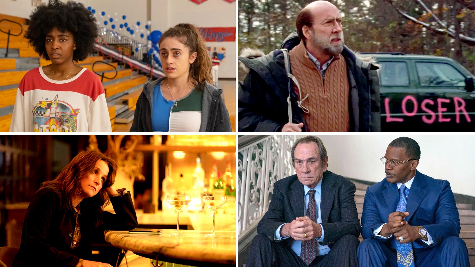 Clockwise L to R: Ayo Edebiri and Rachel Sennott in Bottoms (Image: Orion Pictures), Nicolas Cage in Dream Scenario (Image: A24), Tommy Lee Jones, Jamie Foxx in The Burial (Image: Prime Video), Julia Louis-Dreyfus in You Hurt My Feelings (Image: A24) Graphic: The A.V. Club