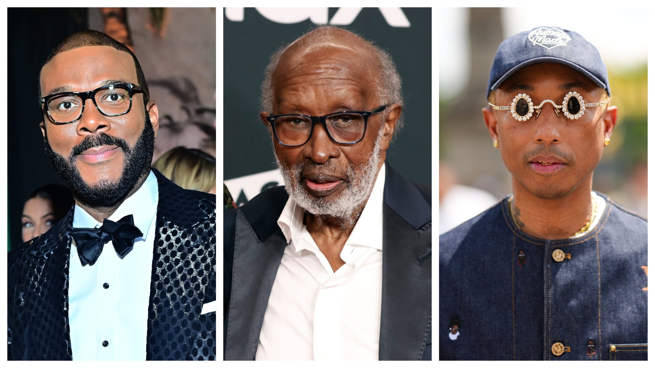 Tyler Perry, left; Clarence Avant, Pharrell Williams. Photo: Getty Images Stefanie Keenan for Baby2Baby/Arturo Holmes for The Rock and Roll Hall of Fame/Edward Berthelot