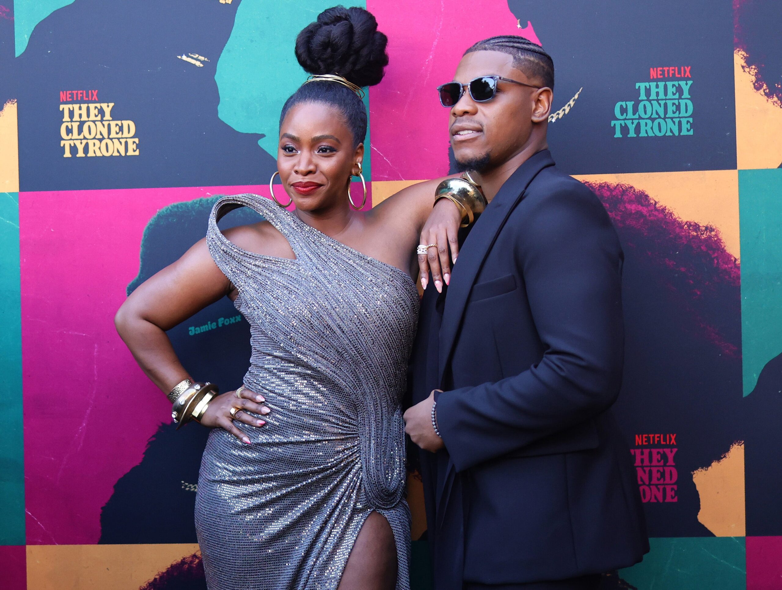 Teyonah Parris, left and John Boyega attend the Netflix Premiere of “They Cloned Tyrone” on June 27, 2023 in Los Angeles, California. Photo: Getty Images Matt Winkelmeyer for Netflix