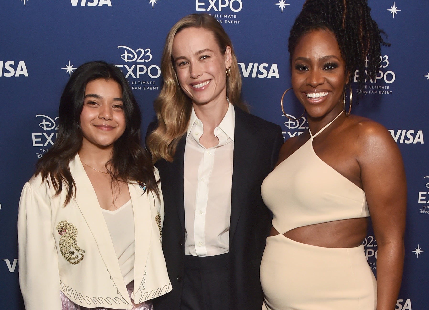 (L-R) Iman Vellani, Brie Larson, and Teyonah Parris attend D23 Expo 2022 at Anaheim Convention Center in Anaheim, California on September 10, 2022. Photo: Getty Images Alberto E. Rodriguez