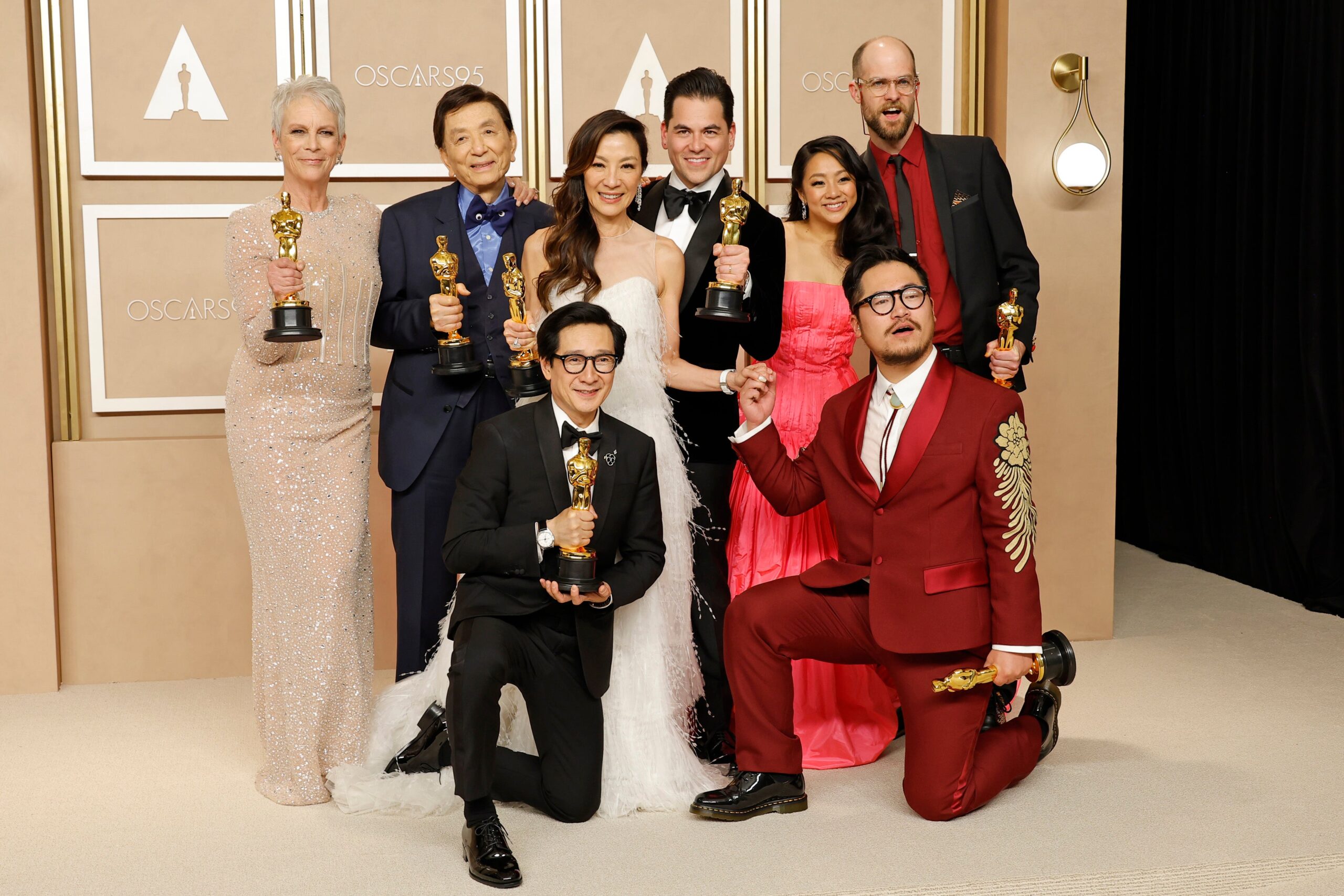 (L-R top row) Jamie Lee Curtis, winner of the Best Supporting Actress award, James Hong, Michelle Yeoh, winner of the Best Actress in a Leading Role award, Jonathan Wang, winner of the Best Picture award, Stephanie Hsu, Daniel Scheinert, winner of the Best Director and Best Picture award and (L-R bottom row) Ke Huy Quan, winner of the Best Actor In A Supporting Role award and Dan Kwan, winner of the Best Director and Best Picture award for “Everything Everywhere All at Once,” pose in the press room during the 95th Annual Academy Awards on March 12, 2023. Photo: Getty Images Mike Coppola