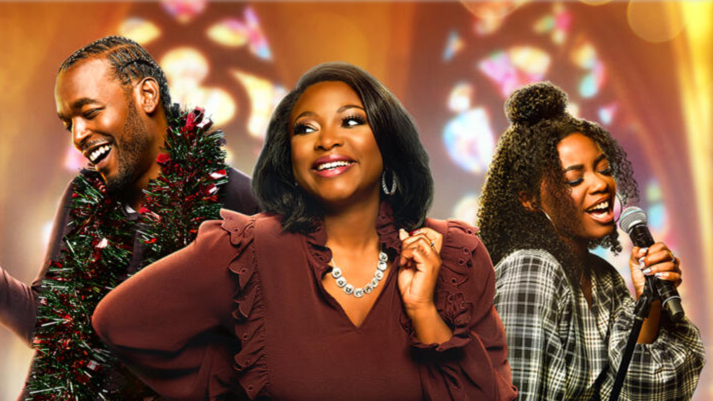 Luke James, left; Naturi Naughton, and Lorea Turner star in Kirk Franklin’s The Night Before Christmas on Lifetime. Photo: Courtesy of Lifetime