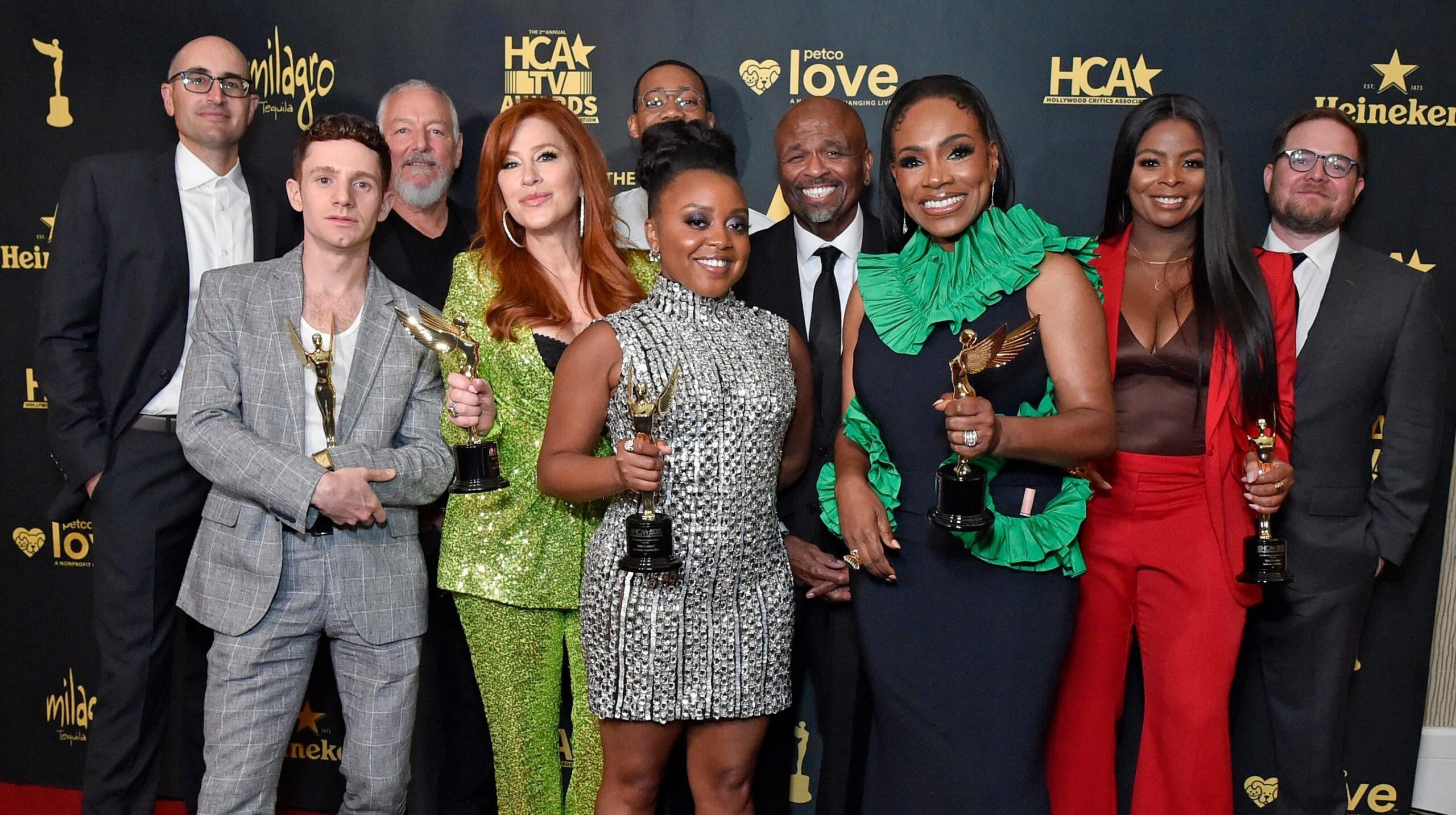 (L-R) Justin Halpern, Chris Perfetti, Randall Einhorn, Lisa Ann Walter, Tyler James Williams, Quinta Brunson, William Stanford Davis, Sheryl Lee Ralph, Janelle James, Patrick Schumacker pose onstage during The 2nd Annual HCA TV Awards: Broadcast & Cable on August 13, 2022 in Beverly Hills, California. Photo: Getty Images Rodin Eckenroth