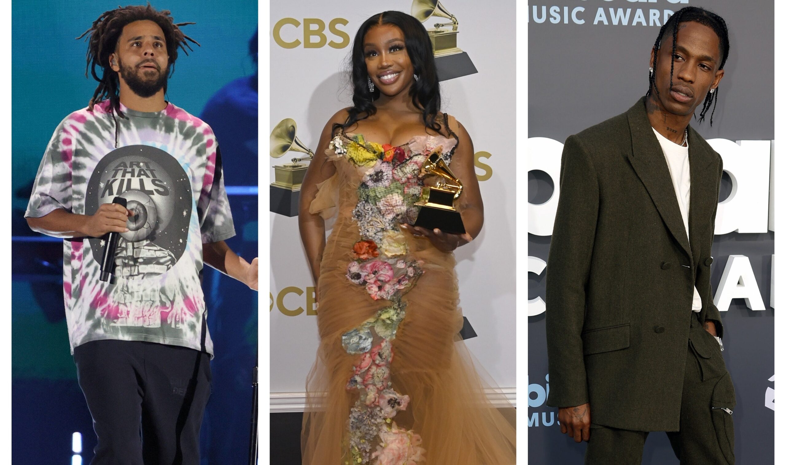 (L to R): J. Cole: Ethan Miller; SZA: David Becker; Travis Scott: Frazer Harrison Photo: Getty Images Ethan Miller, David Becker, Frazer Harrison