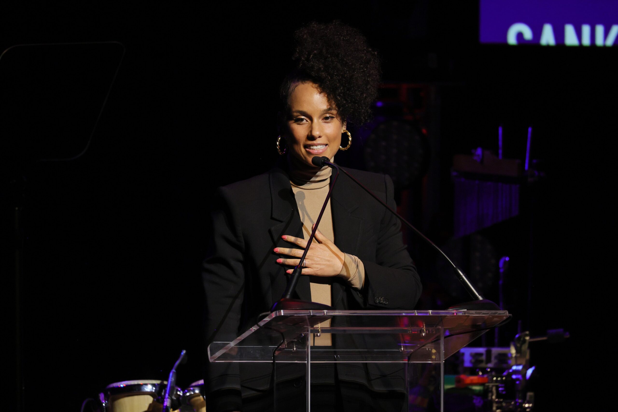 Alicia Keys speaks onstage during the celebration of Harry Belafonte’s 95th Birthday with Social Justice Benefit at The Town Hall on March 01, 2022 in New York City. (Photo by Dia Dipasupil/Getty Images) Photo: Getty Images Dia Dipasupil
