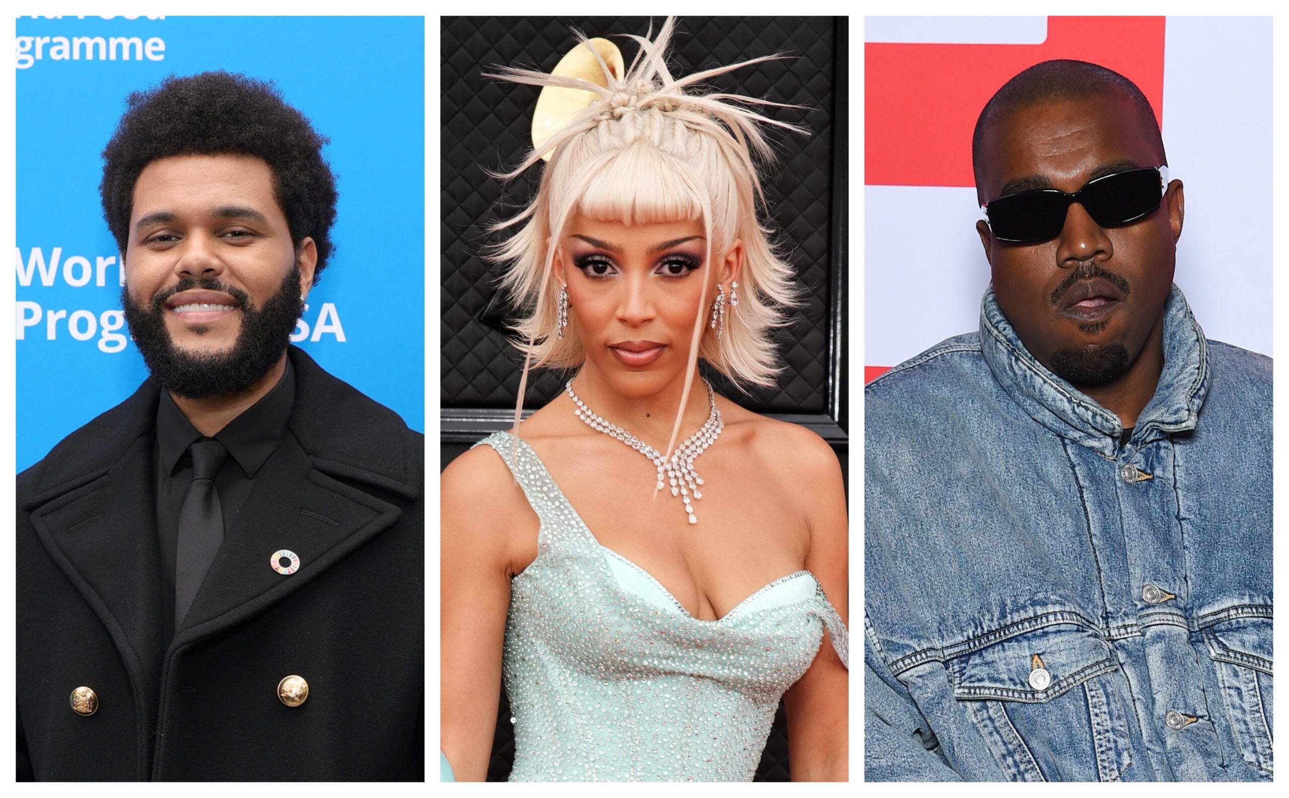 The Weeknd, left; Doja Cat, Ye (formerly Kanye West). Photo: Getty Images Rich Fury for U.N. World Food Programme; Jeff Kravitz/FilmMagic; Stephane Cardinale - Corbis/Corbis
