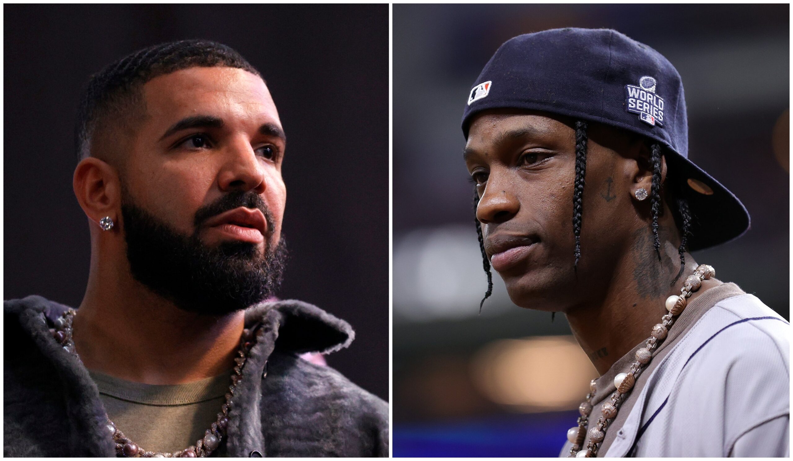 Drake at his Till Death Do Us Part rap battle on October 30, 2021 in Long Beach, Calif.; Travis Scott at Game Six of the World Series on November 02, 2021 in Houston, Texas. Photo: Getty Images Amy Sussman