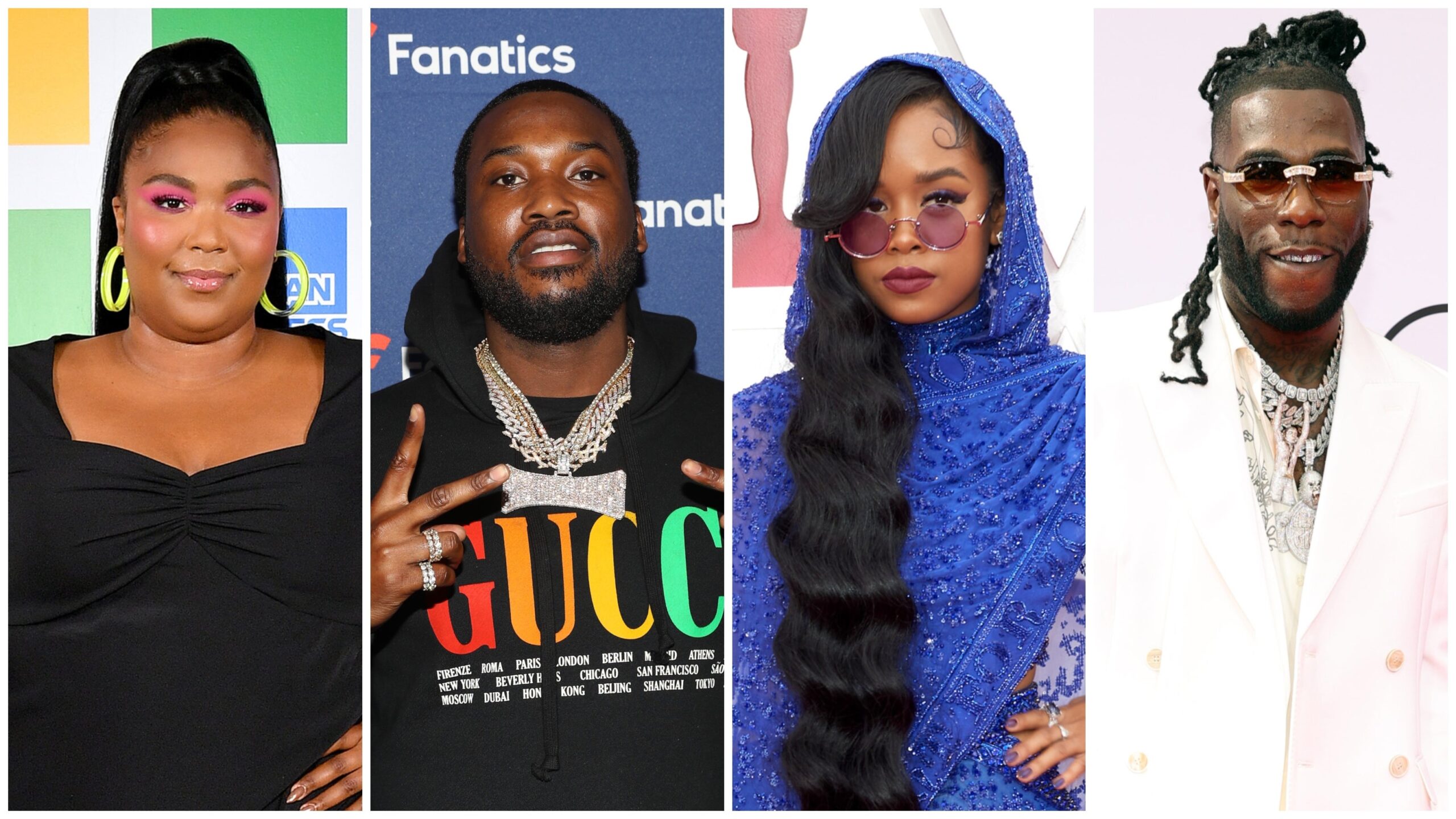 (L-R): Lizzo, Meek Mill, H.E.R. and Burna Boy. Photo: Getty Images Dia Dipasupil for American Express; Tasos Katopodis for Fanatics; Matt Petit/A.M.P.A.S; Rich Fury