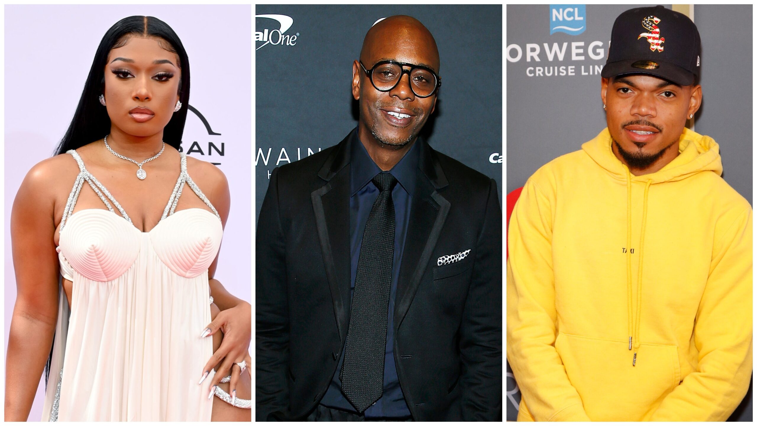 (L-R) Megan Thee Stallion, Dave Chappelle and Chance the Rapper. Photo: Getty Images Paras Griffin for BET/ Paul Morigi/Gabe Ginsberg for iHeartMedia