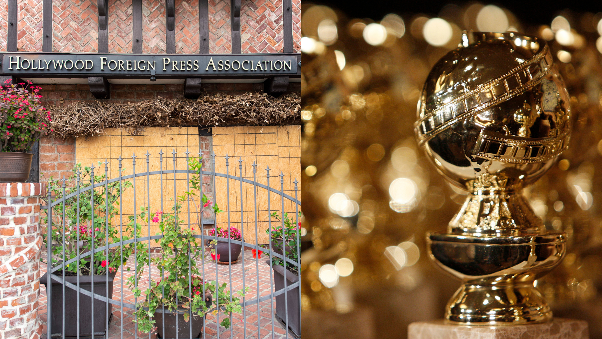 A general view of the Hollywood Foreign Press Association (HFPA) who organizes the Golden Globes is seen on May 11, 2021; In this Jan.. 6, 2009, file photo, Golden Globe statuettes are seen during a news conference in Beverly Hills, Calif. Photo: Getty Images VALERIE MACON / AFP