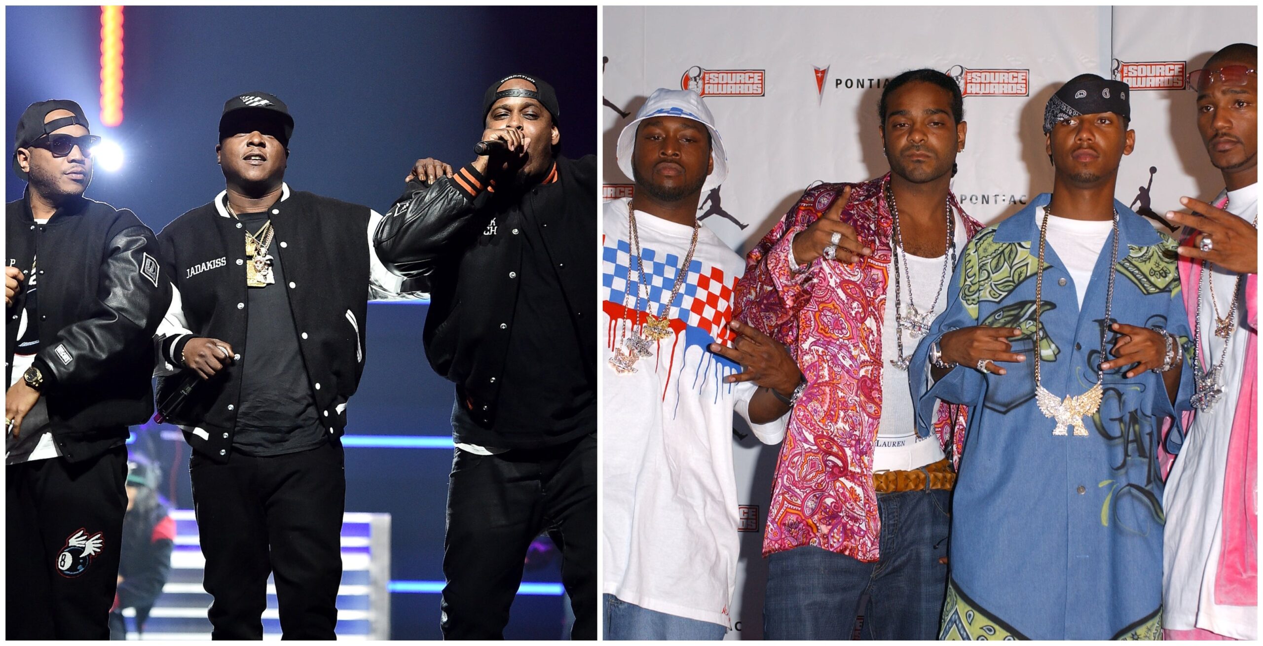 (L-R) Styles P, Jadakiss, and Sheek Louch of The Lox perform onstage during the 4th Annual TIDAL X: Brooklyn on October 23, 2018 in New York City; The Diplomats arrives at The Source Hip-Hop Music Awards 2003 on October 13, 2003 in Miami, Florida. Photo: Getty Images Theo Wargo for TIDAL/Frank Micelotta