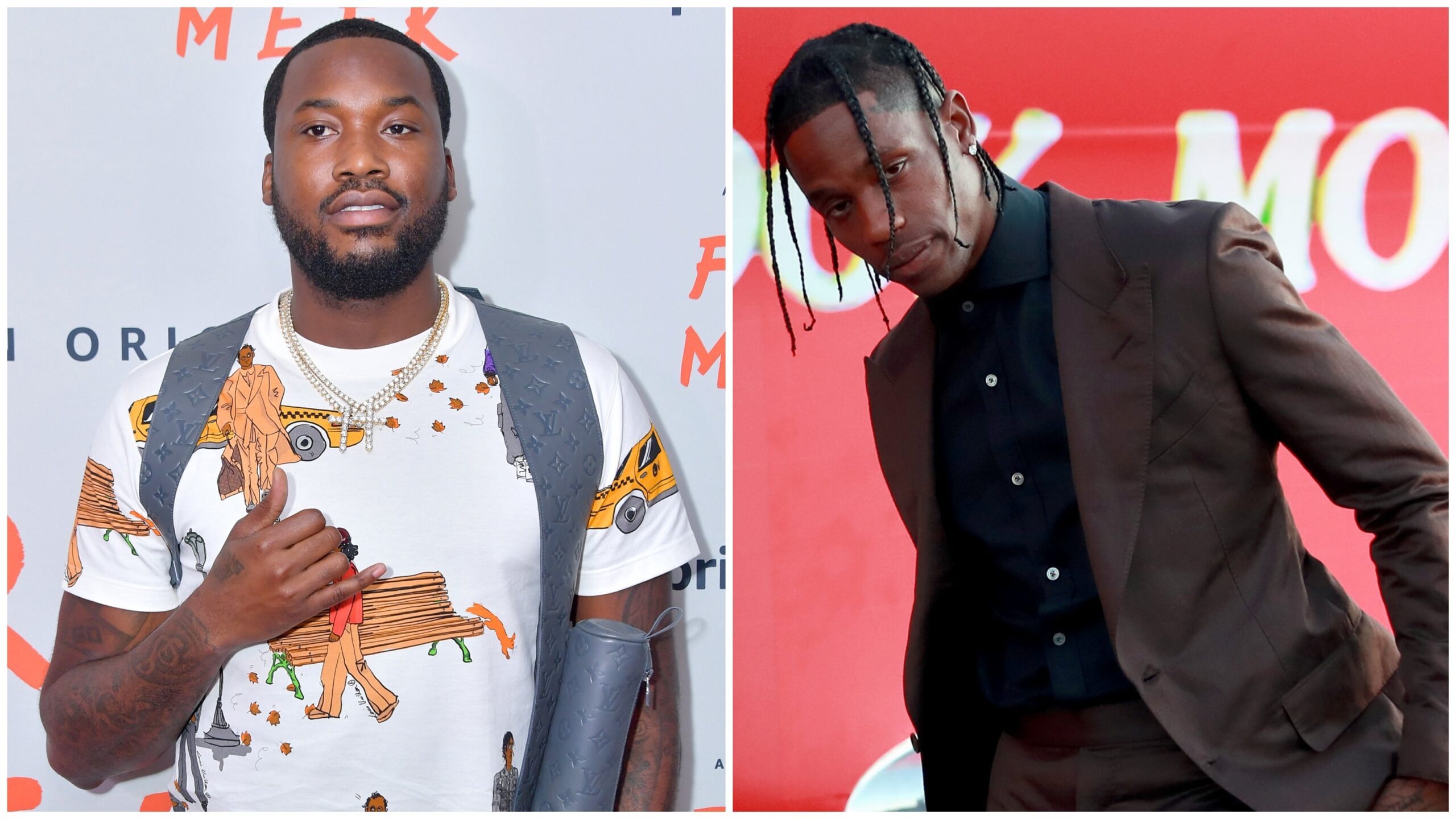 Meek Mill at the “Free Meek” World Premiere on August 01, 2019 in New York City; Travis Scott at the premiere of Netflix’s “Travis Scott: Look Mom I Can Fly” on August 27, 2019 in Santa Monica, California. Photo: Getty Images Michael Loccisano/Rich Fury