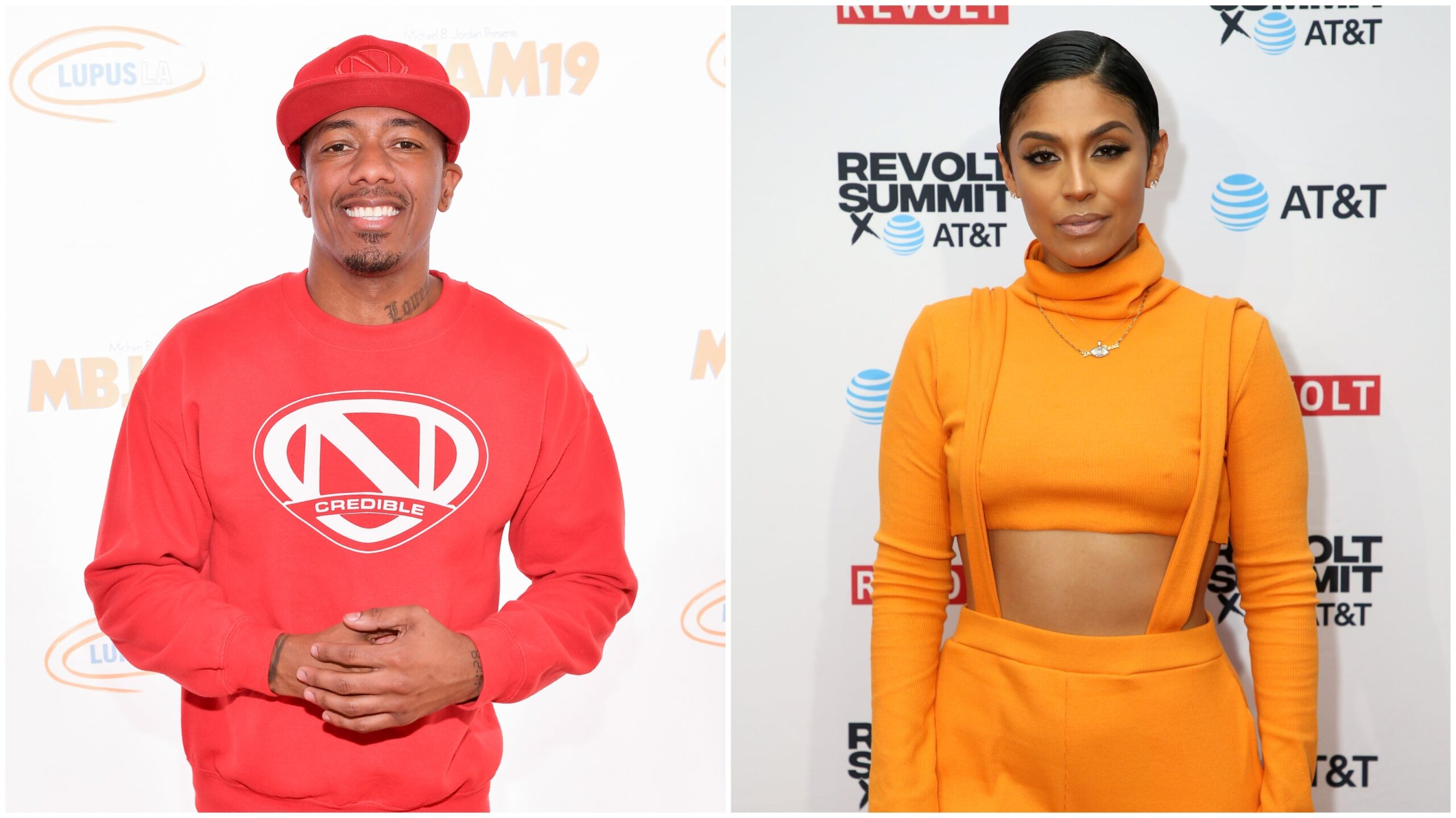 (L-R) Nick Cannon at the 3rd annual MBJAM19 presented by Michael B. Jordan and Lupus LA July 27, 2019 in Hollywood, California; Abby De La Rosa attends the REVOLT X AT&T Host REVOLT Summit In Los Angeles on October 27, 2019. Photo: Getty Images Matt Winkelmeyer/Phillip Faraones for REVOLT