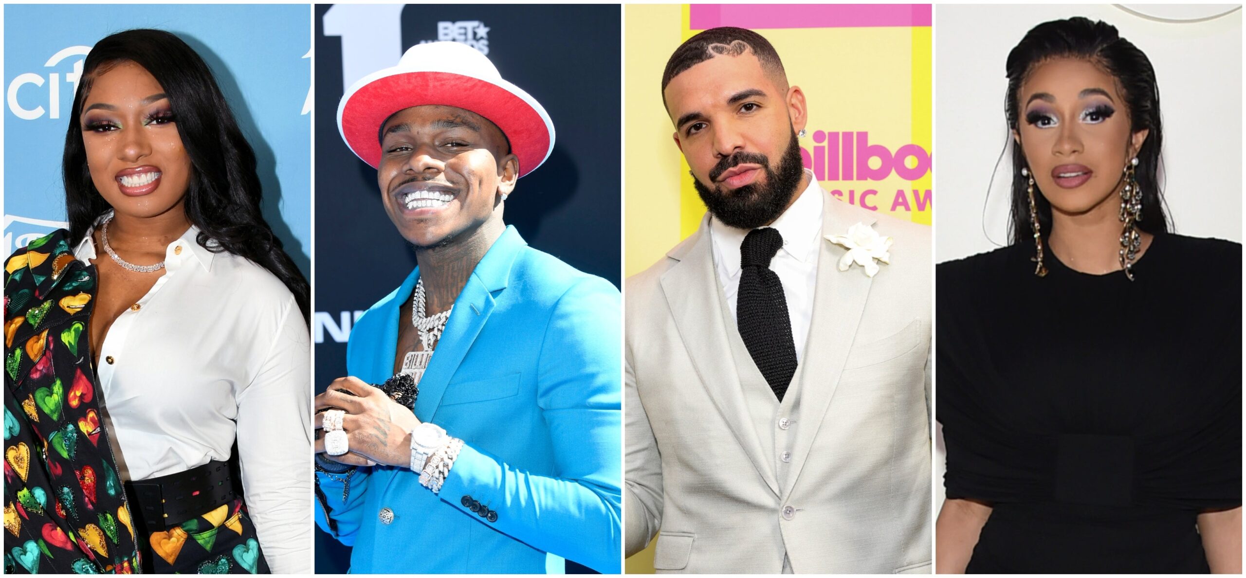 Megan Thee Stallion, followed by DaBaby, Drake and Cardi B. Photo: Getty Images Jon Kopaloff/Frazer Harrison/Rich Fury for dcp/Jamie McCarthy