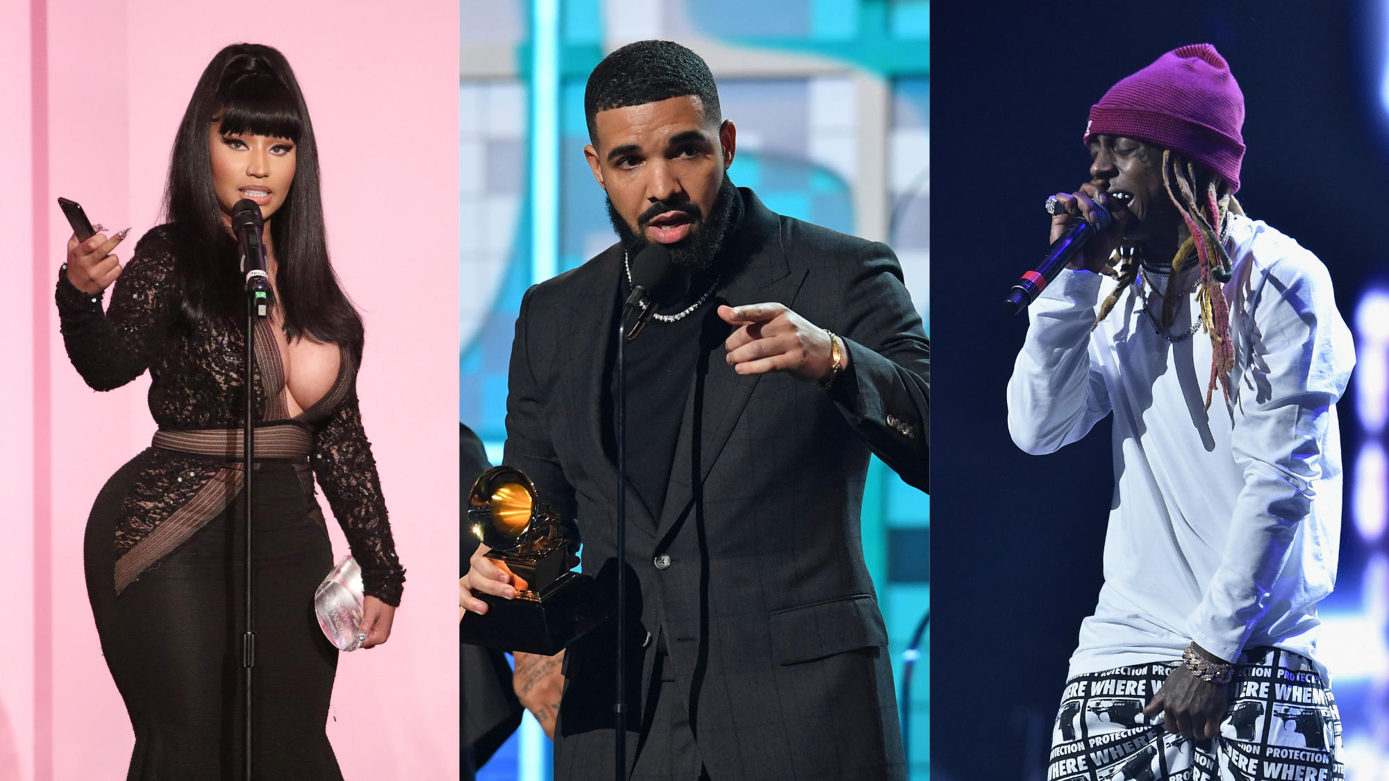 Nicki Minaj accepts the Gamechanger Award during Billboard Women In Music on December 12, 2019; Drake accepts the award for Best Rap Song for “Gods Plan” during the Grammy Awards on February 10, 2019; Lil Wayne performs during the 4th Annual TIDAL X: Brooklyn on October 23, 2018. Photo: Getty Images Rich Fury/Getty Images for Billboard