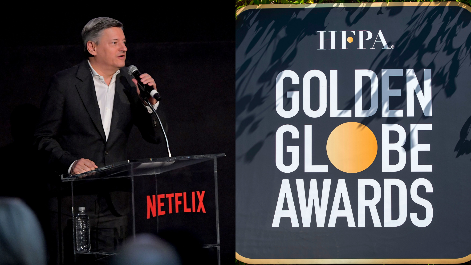 Netflix Chief Content Officer Ted Sarandos attends the “Locke & Key” Los Angeles Premiere on February 05, 2020; View of the HFPA Golden Globe Awards logo on February 23, 2021. Photo: Getty Images Charley Gallay/Getty Images for Netflix